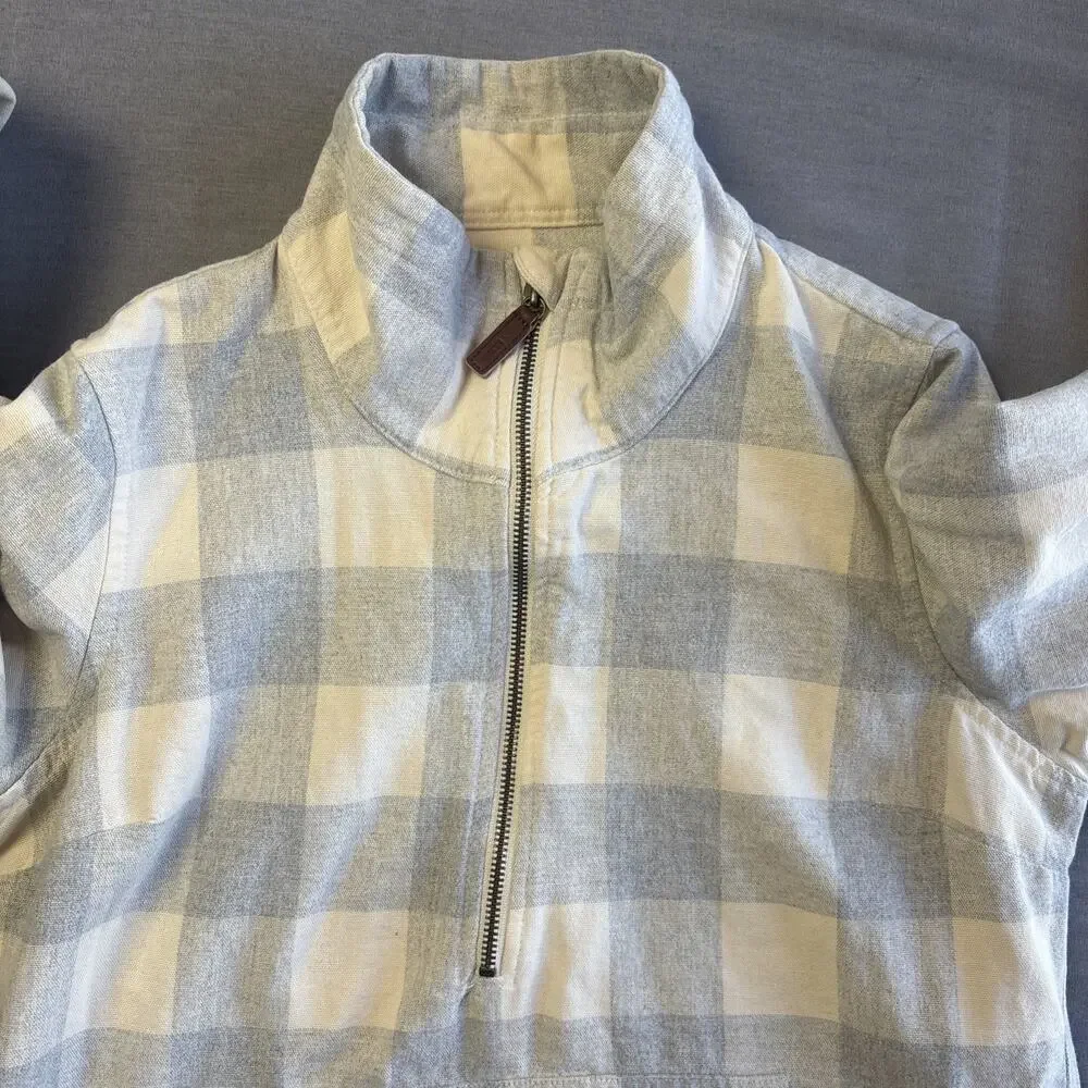 LL‎ Bean Pullover Womens XS Cream Blue Plaid Sweatshirt Half Zip Outdoor Casual